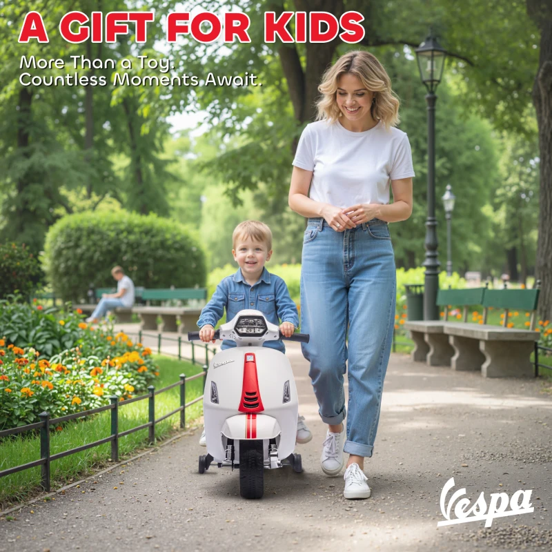 AIYAPLAY Moto Elettrica per Bambini Licenza Vespa, Batteria Ricaricabile 6V, Rotelle e Luci, Età 2-4 Anni, Bianco