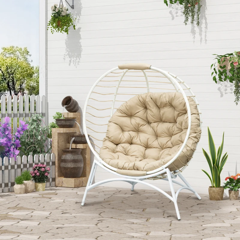 Outsunny Fauteuil cocon œuf sur pied pliant 118 x 75 x 142 cm avec coussin beige inclus métal résine blanc et beige