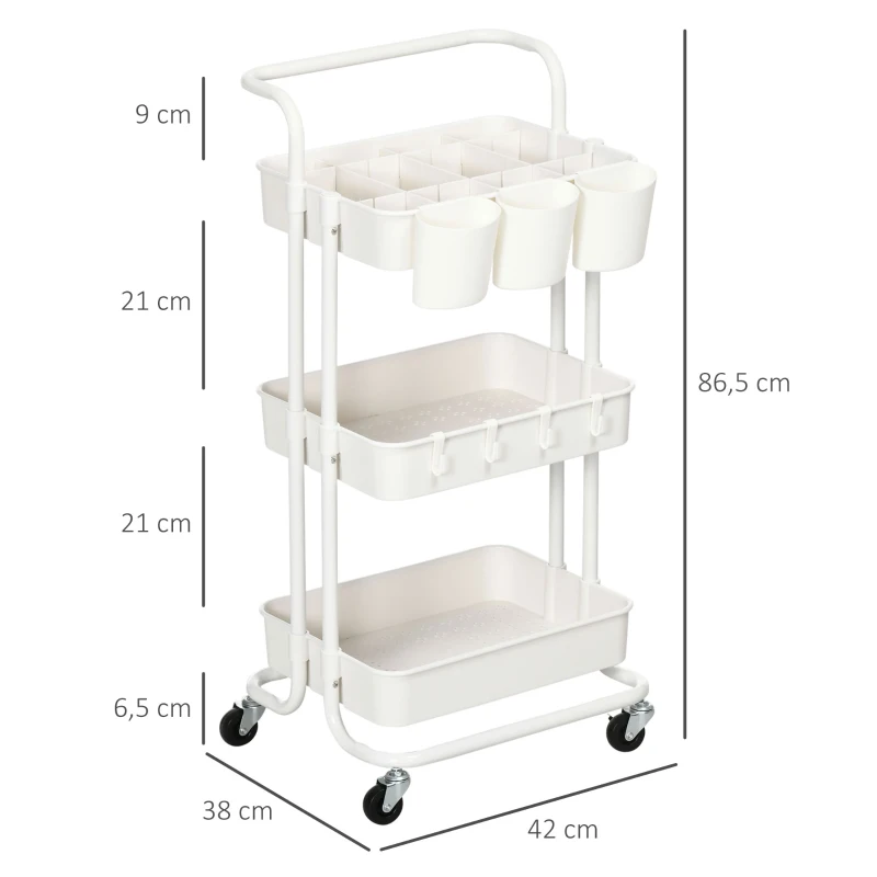 HOMCOM Carrello Cucina Multiuso a 3 Livelli con Cestini e Ganci Rimovibili, Ripiano con 12 Divisori, Bianco