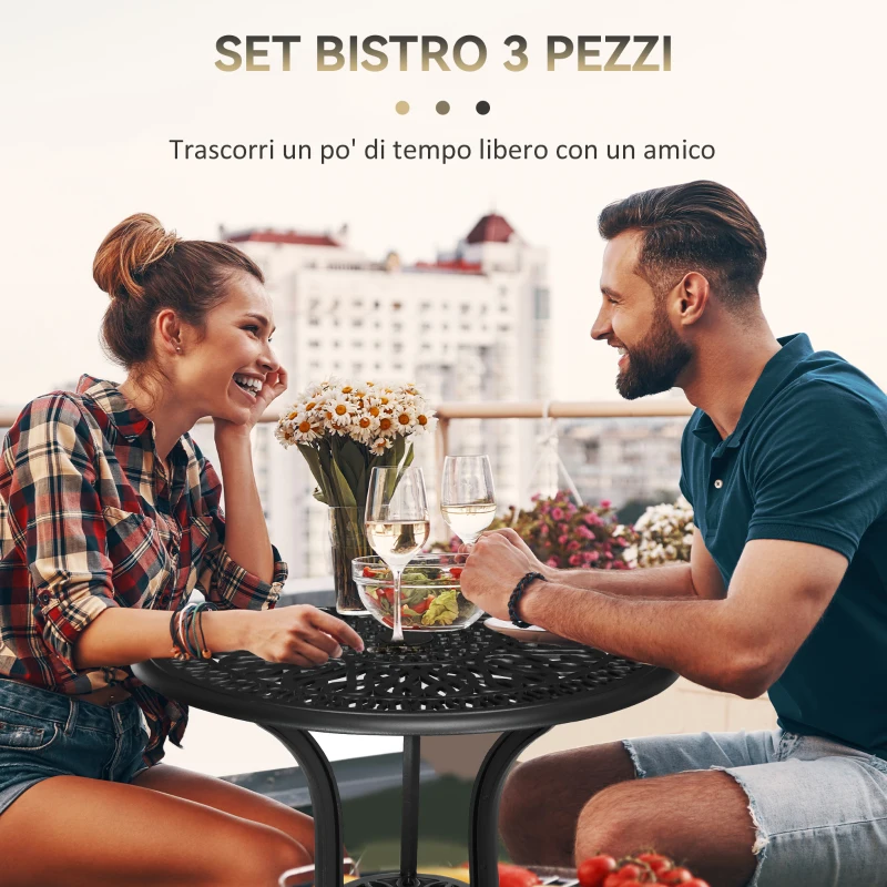 Outsunny Set da Giardino 3pz con 2 Sedie da Esterno e Tavolino in Vetro con Foro per Ombrellone, in Alluminio, Nero