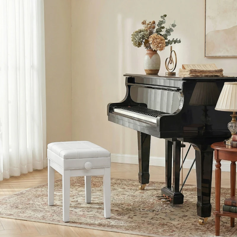 HOMCOM Banquette tabouret siège pour piano coffre intégré hauteur réglable bois hévéa assise revêtement synthétique blanc