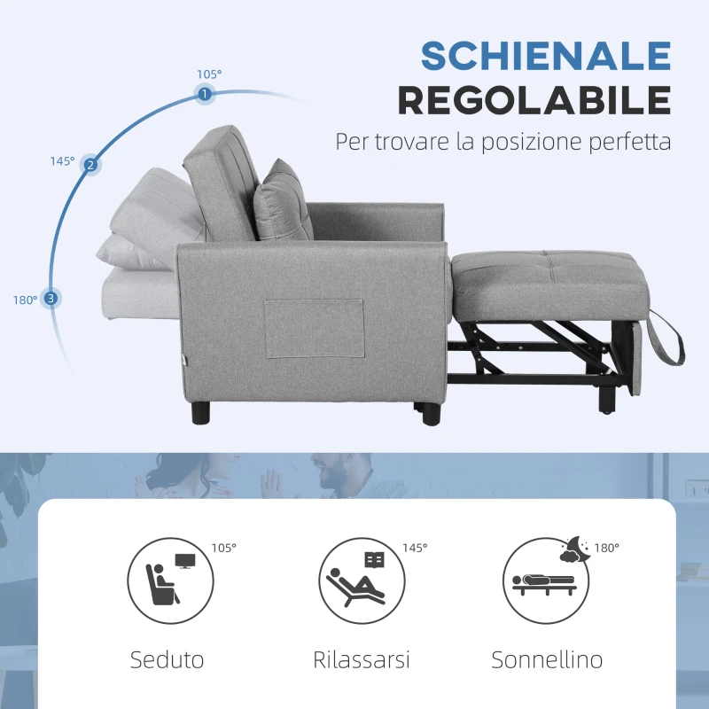 HOMCOM Poltrona Letto Singolo Reclinabile su 3 Livelli con Cuscino Extra, 69x82x85cm, Grigio Chiaro