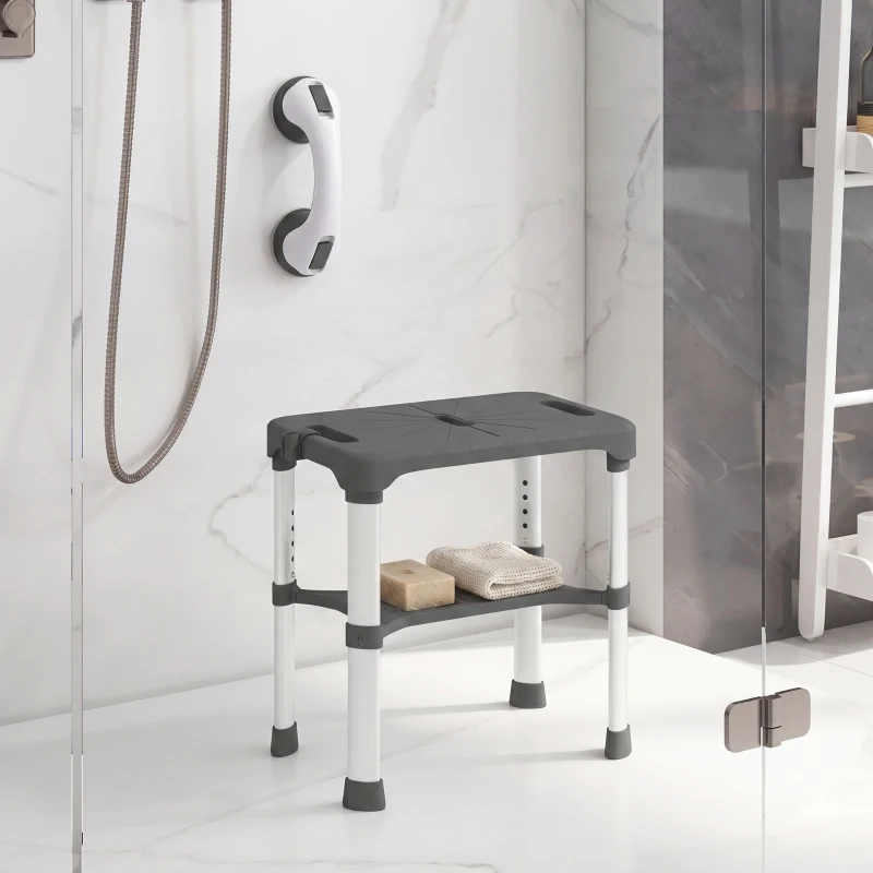 HOMCOM Sgabello per Doccia in Alluminio con Mensola Integrato, Altezza Regolabile 5 Livelli, Portata 150kg, Grigio