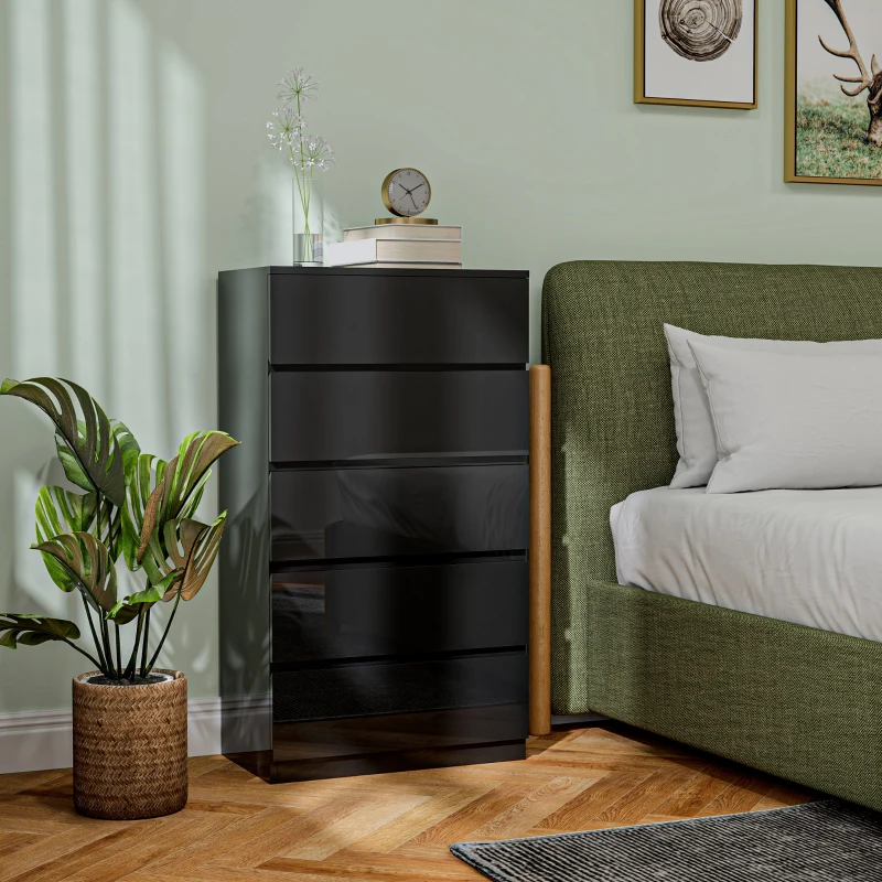 HOMCOM Cómoda com 5 Gavetas de Madeira Cómoda de Dormitório Cómoda Branca para Sala de Estar Estilo Moderno 55x34x100 cm Preto