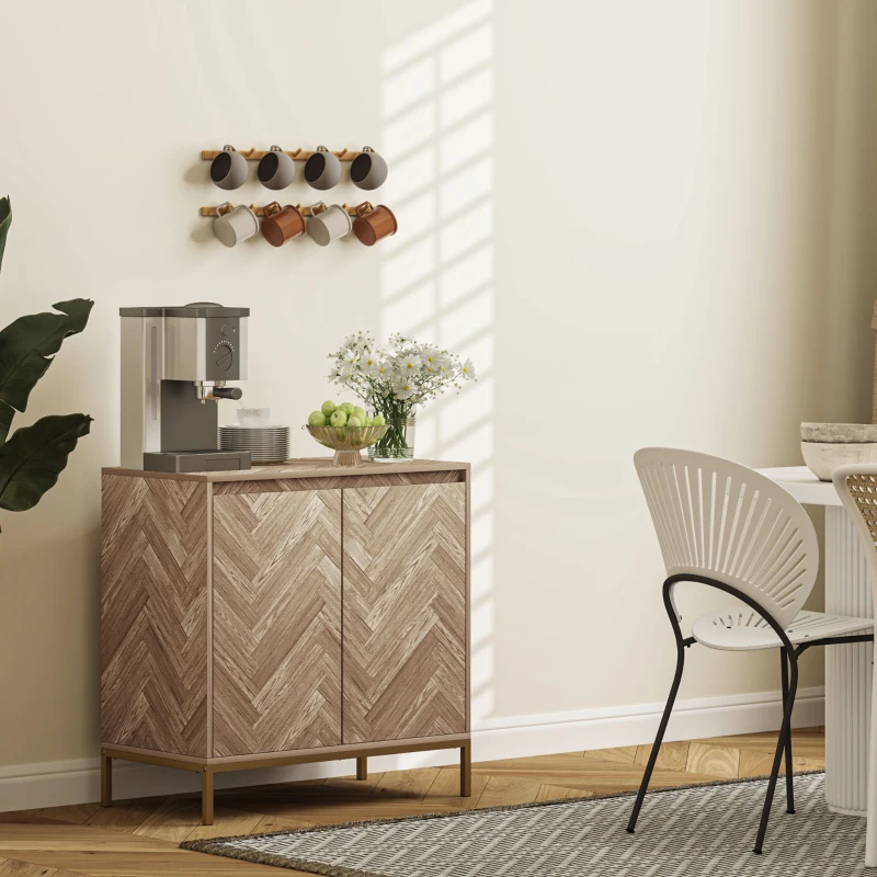 HOMCOM Meuble de rangement buffet avec 2 portes à chevrons, étagère réglable et pieds en acier, dim. 78 x 40 x 78 cm, chêne