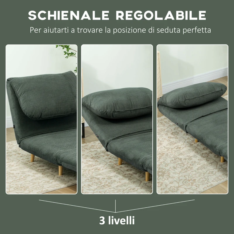HOMCOM 2-in-1 Poltrona Letto Ospiti, Poggiatesta Regolabile, Velluto a Coste, 82 cm x 89 cm x 83 cm, Verde