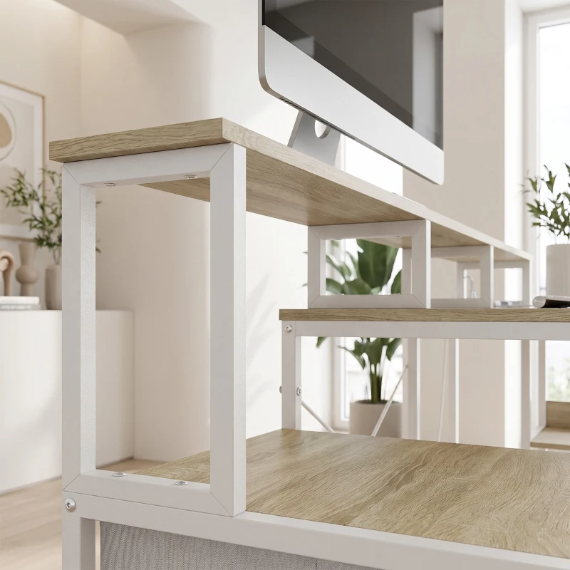 HOMCOM Bureau d'angle avec prises et lumières LED RGB, bureau d'ordinateur, 172 x 100 cm, support d'écran, 2 tiroirs, blanc