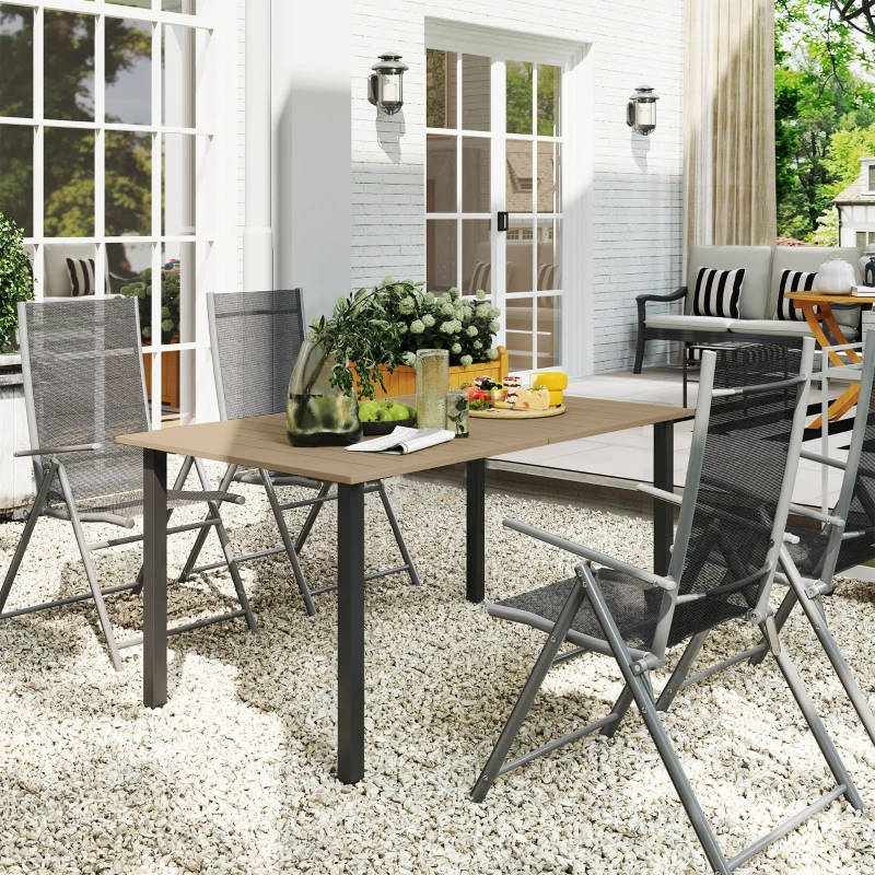 Outsunny Garden Dining Table for 6 with Parasol Hole, Rectangle Outdoor Garden Table with Slatted Metal Top, Steel Frame, Brown