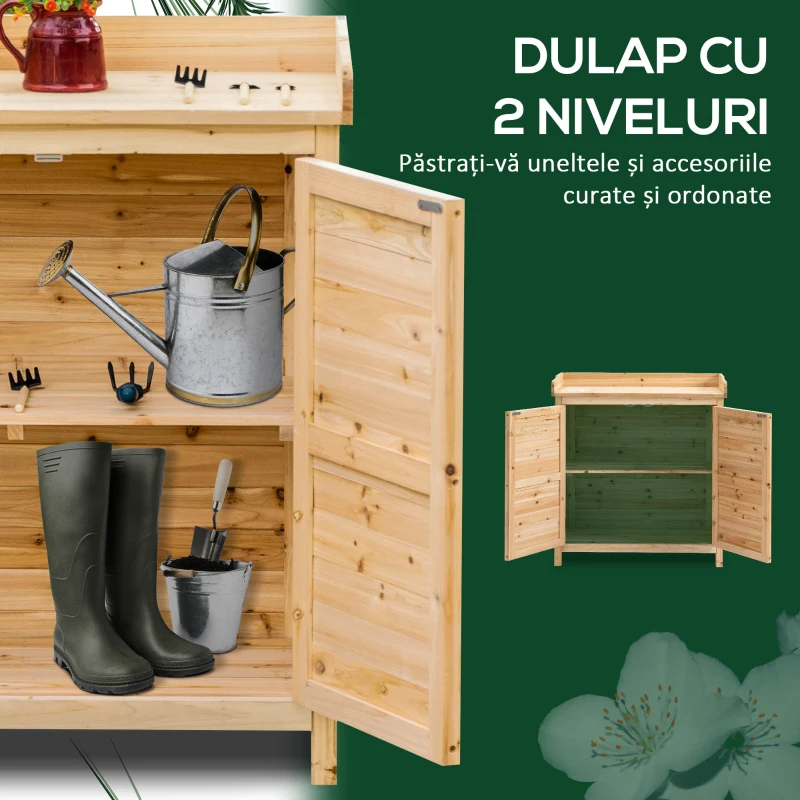 Outsunny Dulap Exterior cu 2 Rafturi din Lemn de Brad, Design Înălțat și 2 Uși, 83x40x92 cm