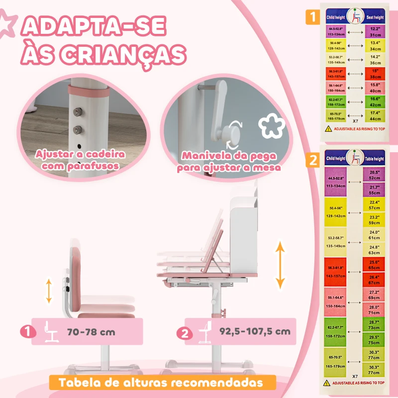 AIYAPLAY Conjunto de Secretária e Cadeira para Crianças Secretária Infantil Altura Ajustável 80x55x107,5 cm Rosa