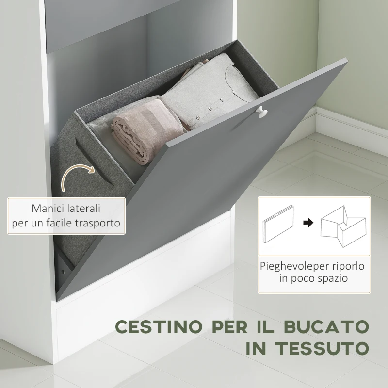 HOMCOM Armadio da bagno con cestino per il bucato e porta specchiata ripiano regolabile 62 x 28,3 x 181 cm grigio e bianco