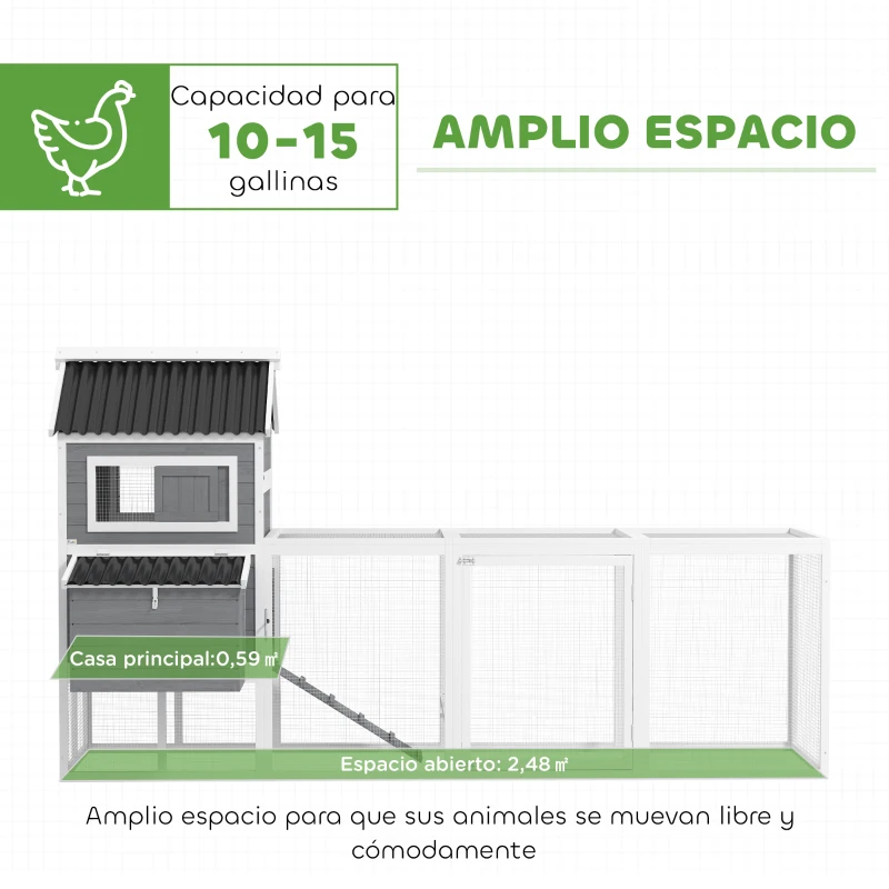 PawHut Gallinero de Madera con Perchas Columpio Nidos y Bandeja Extraíble 315,5x150,5x140,5 cm Gris