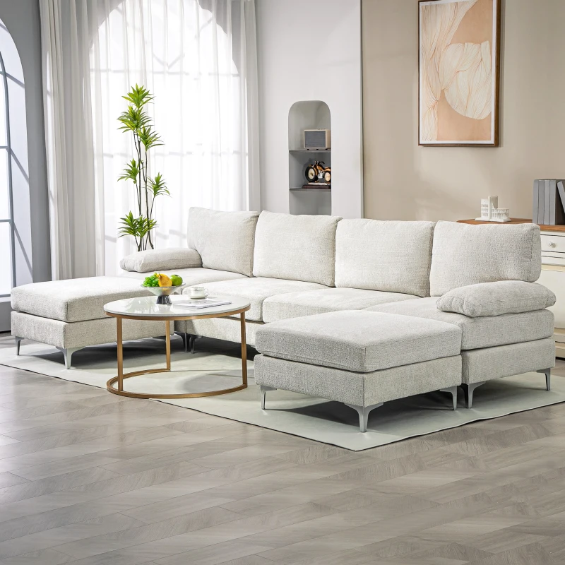 HOMCOM Divano Componibile 4 Pezzi con Poggiapiedi e Cuscini, in Tessuto effetto Ciniglia, 313x149x88 cm, Bianco Crema