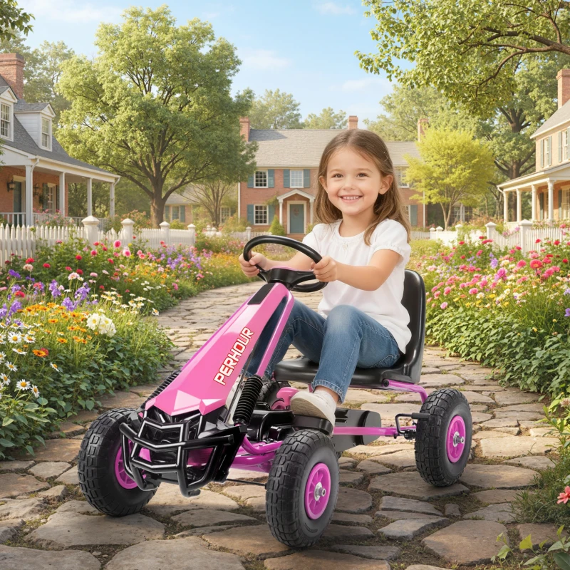 AIYAPLAY Gokart de Pedales para Niños Asiento Regulable en Altura Ruedas EVA Freno Embrague 3-8 Años Rosa