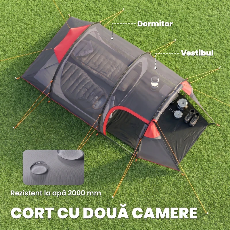 Outsunny Cort de Camping pentru 2-4 Persoane cu Vestibul și Uși cu Fermoar, 426x206x154cm Gri