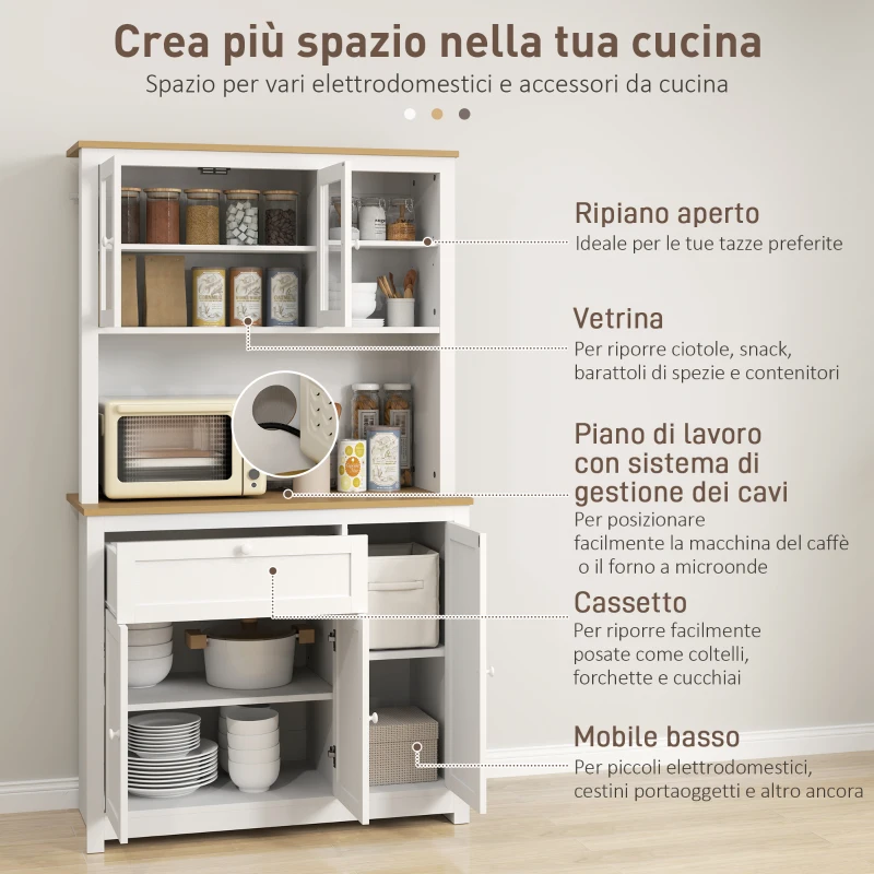 HOMCOM Mobile da cucina stile country con vetrina, cassetto e armadi, Naturale e Bianco