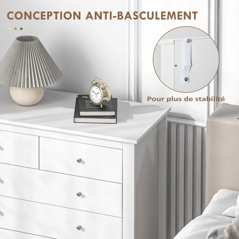 HOMCOM Commode à 5 tiroirs, meuble de rangement, avec poignées, glissières métalliques,  en bois, 79l x 39,5P x 80,5H cm, blanc