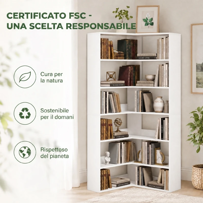 HOMCOM Scaffale con 7 Ripiani, Scaffale Angolare a L con Protezione Posteriore Antiscivolo, Bianco Effetto Legno
