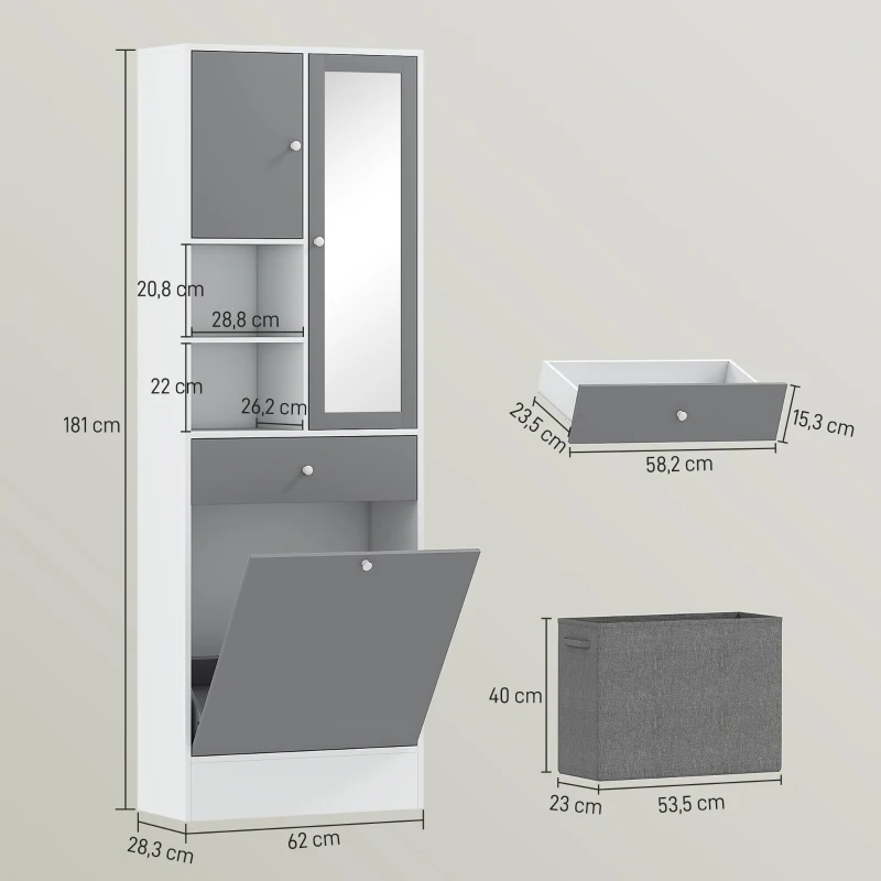 HOMCOM Armadio da bagno con cestino per il bucato e porta specchiata ripiano regolabile 62 x 28,3 x 181 cm grigio e bianco