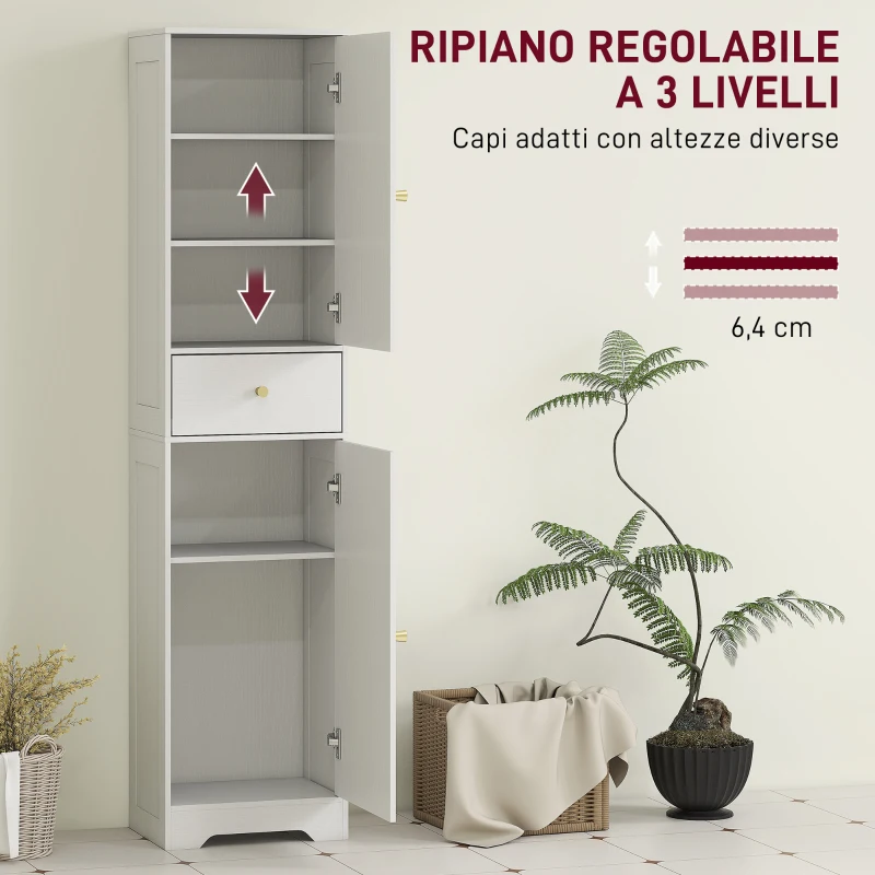 HOMCOM Armadietto Alto da Bagno Stretto con 2 Porte Arco Cassetto e Ripiani Regolabili Moderno 40x29,5x170 cm Bianco