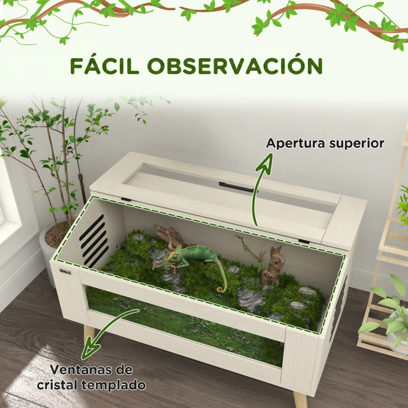 PawHut Terrario para Reptiles con Ventanas de Vidrio Templado Tapa Abatible para Serpientes Lagartos 100x50x60 cm Roble