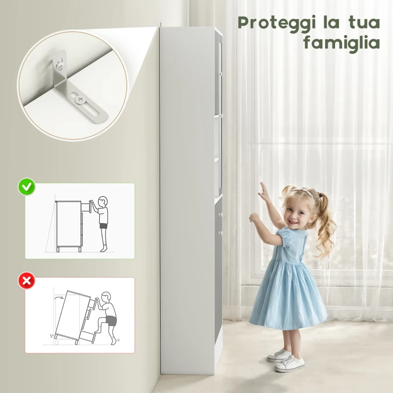 HOMCOM Armadio da bagno con cestino per il bucato e porta specchiata ripiano regolabile 62 x 28,3 x 181 cm grigio e bianco