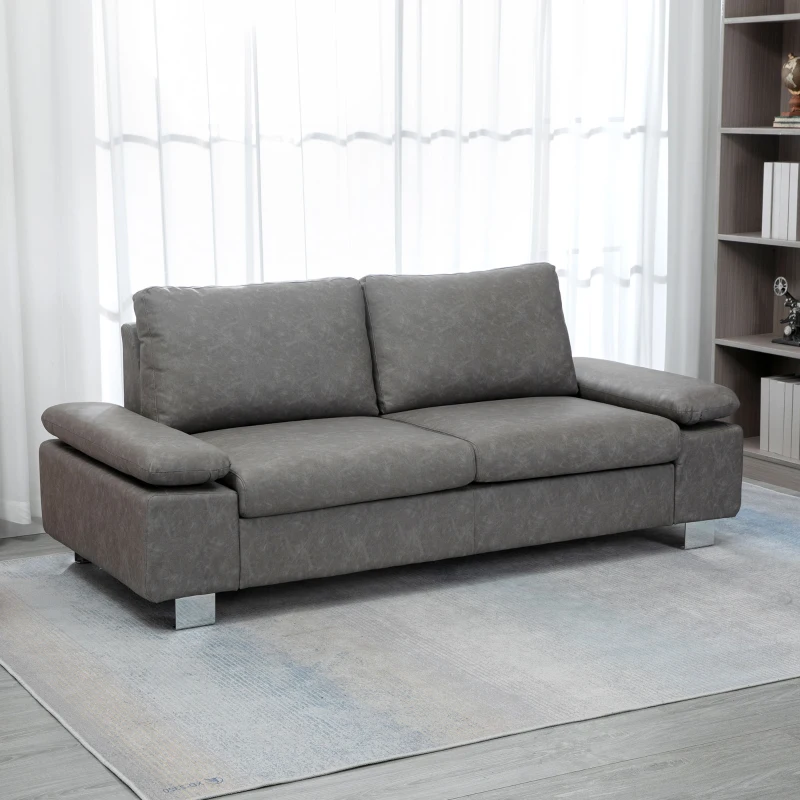 HOMCOM Divano 3 Posti Reclinabile e Imbottito con Braccioli Regolabili, in PU, Legno e Metallo, 200x88x86 cm, Grigio