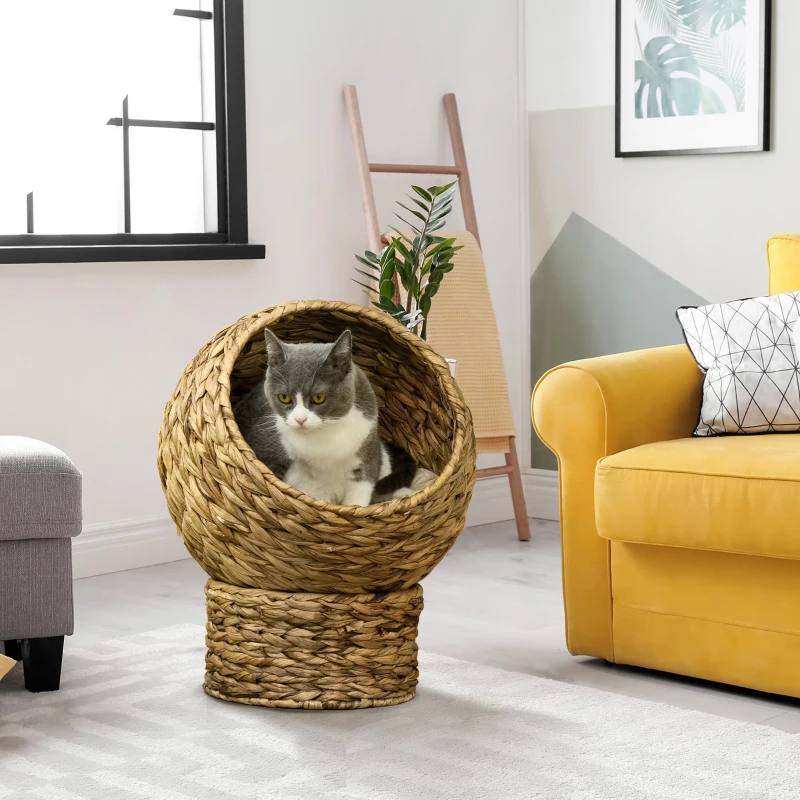 PawHut Cuccia Rialzata per Gatti in Vimini, con Cuscino in Cotone, Marrone e Bianco, 40x37x51 cm