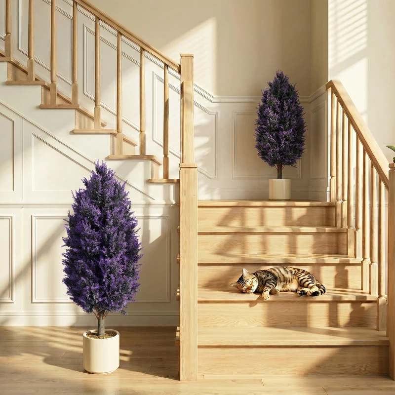 HOMCOM Set of 2 Artificial Lavender Flowers, Indoor Outdoor Fake Plants with Stakes, UV Resistant for Garden,  90 cm, Blue