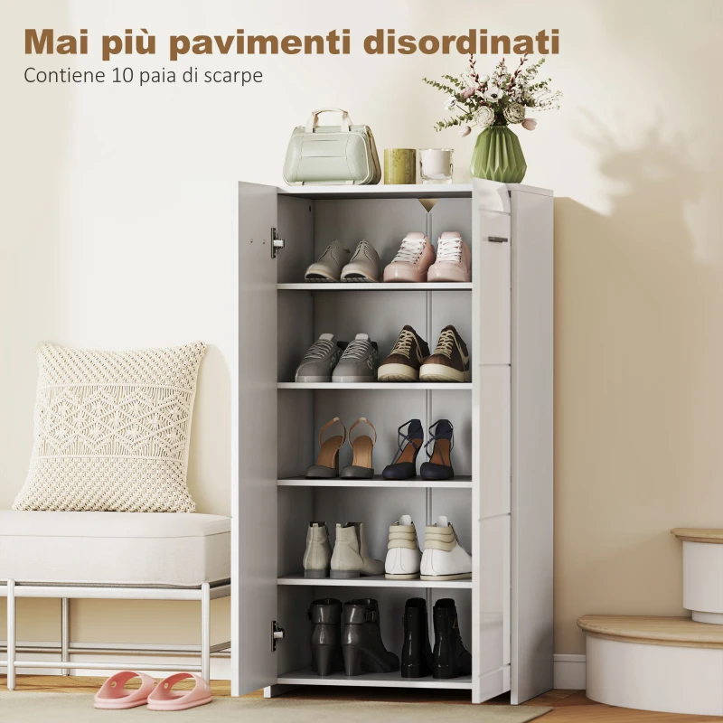 HOMCOM Scarpiera lucida, mobile porta-scarpe con ripiani regolabili per ingresso, corridoio, spazio per 10 paia, Bianco