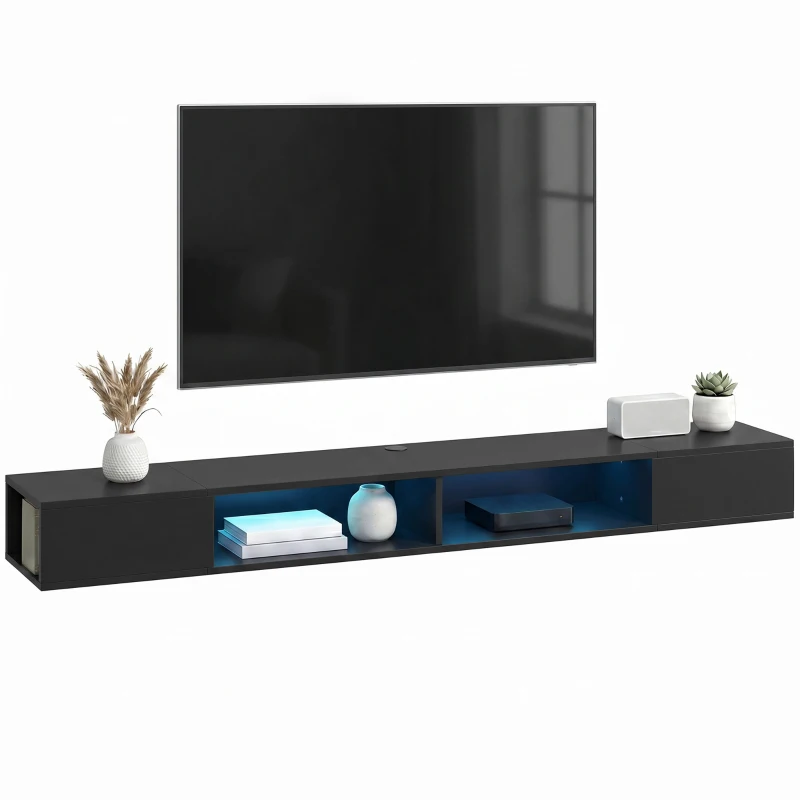 HOMCOM Wand-TV-Möbel 180 cm mit RGB-LED-Beleuchtung, TV-Möbel mit offenen Regalen, 177,8 x 30 x 18 cm, schwarz