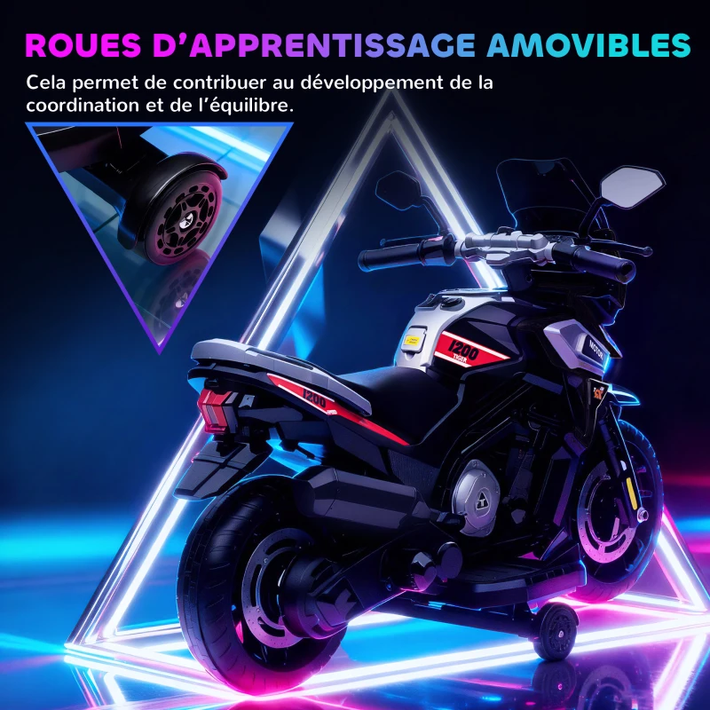 AIYAPLAY Moto électrique enfants 6 V, voiture électrique enfants avec roues d'entraînement, musique, effets lumineux, noir