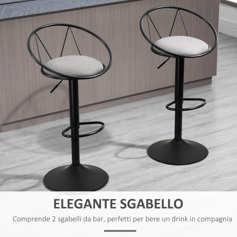 HOMCOM Set 2 Sgabelli Bar con Schienale e Poggiapiedi, Altezza Regolabile e Seduta Imbottita, Grigio