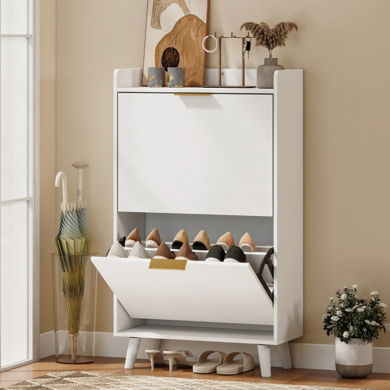HOMCOM Meuble à chaussures 12 paires, armoire à chaussures étroite avec 2 tiroirs rabattables, étagères réglables, blanc
