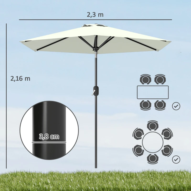 Outsunny Sombrilla de Jardín Ø230x216 cm con Apertura Manual Ángulo Ajustable e Impermeable para Terraza Piscina Crema