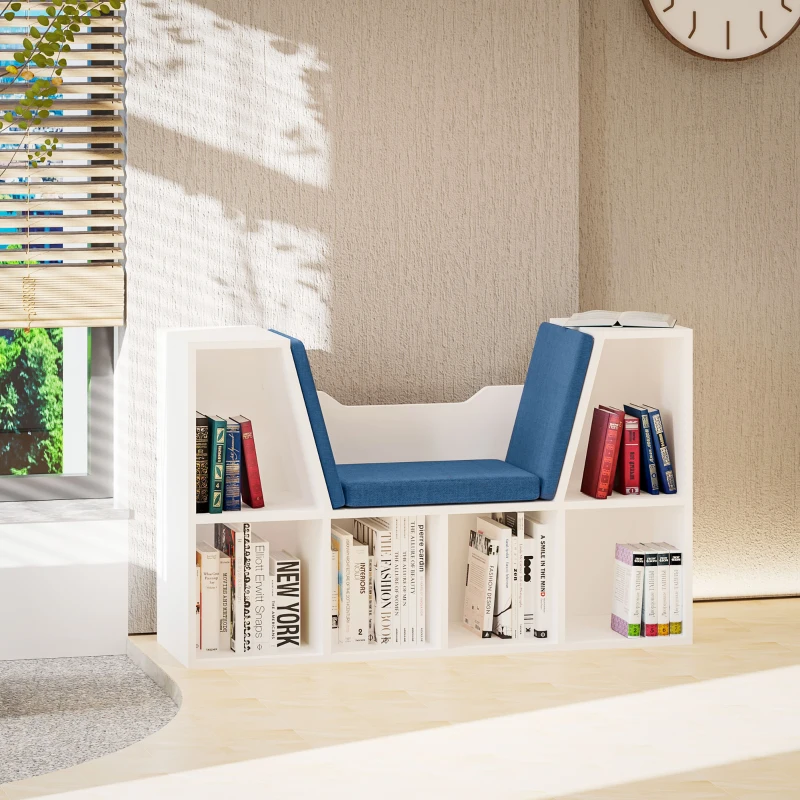 HOMCOM Estante para Livros com Banco Integrado e 6 Cubos Estante Infantil com Assento 102x30x61 cm Branco e Azul