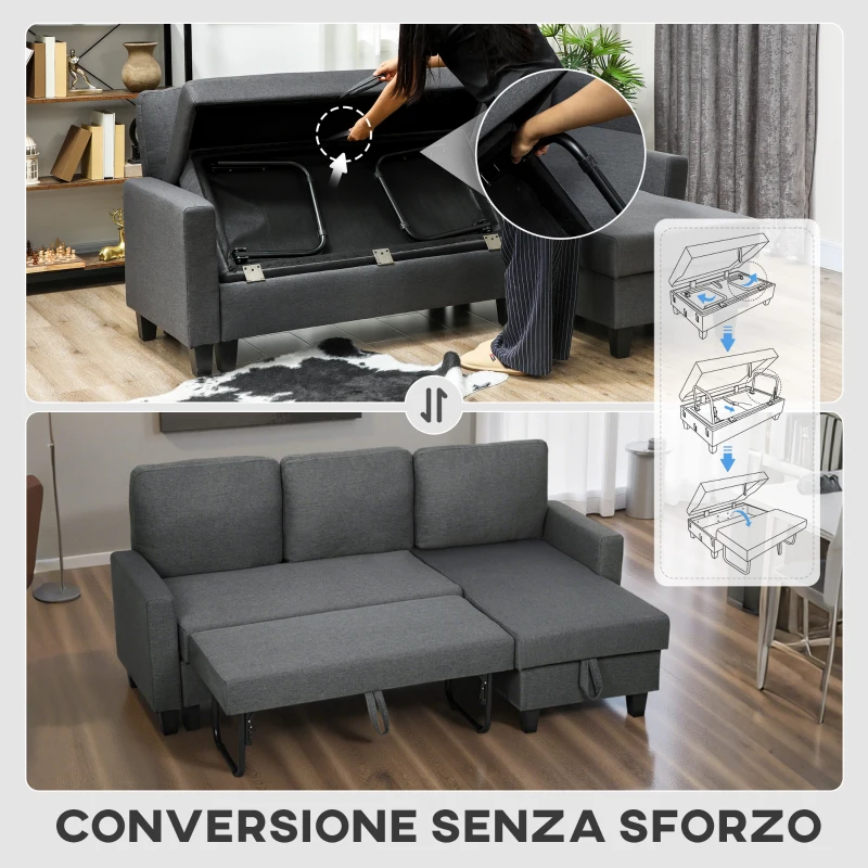 HOMCOM Divano Letto 3 Posti con Chaise e Spazio Contenitore, in Tessuto Effetto Lino, 197x129x85 cm, Grigio Carbone