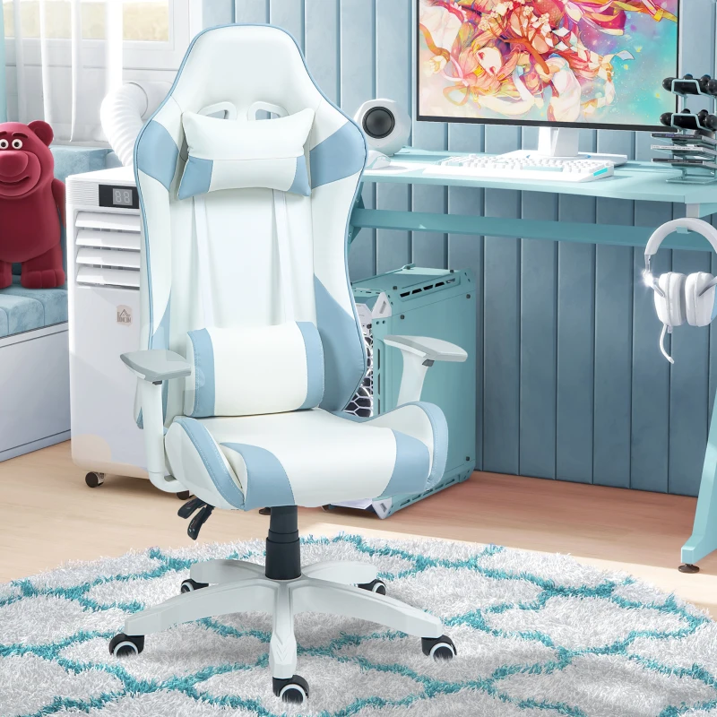 HOMCOM Cadeira Gaming Reclinável com Almofada Lombar Apoio de Cabeça Basculante e Altura Ajustável 67x60x120-128 cm Branco e Azul