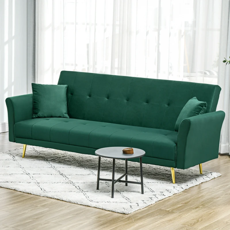 HOMCOM Canapea Extensibilă Clic Clac cu Spătar Reglabil și 2 Perne, din Material cu Efect Catifea, 215x83x87 cm, Verde