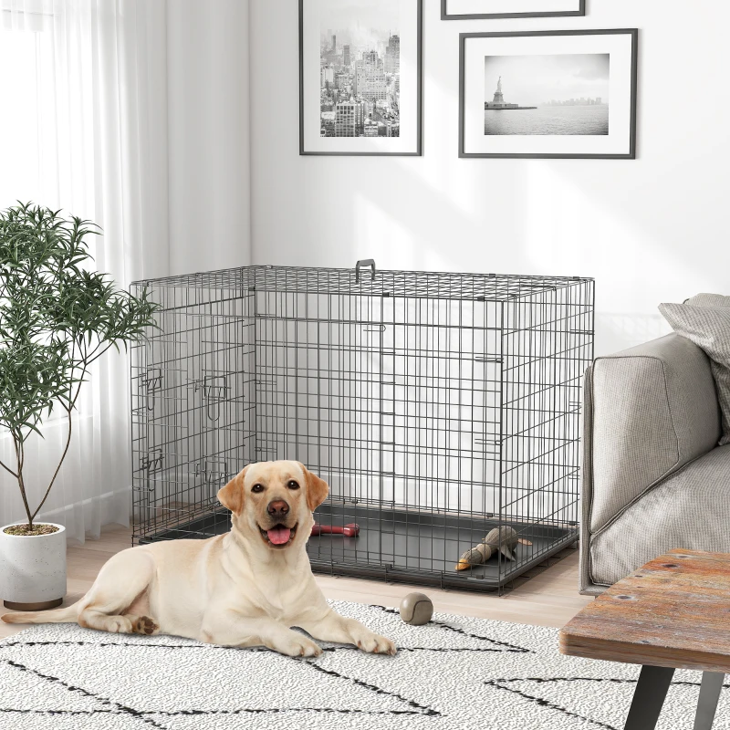 PawHut Jaula para Perros Plegable Transportín para Perros con 2 Puertas Bandeja Extraíble y Asa 121x76,5x81 cm Negro