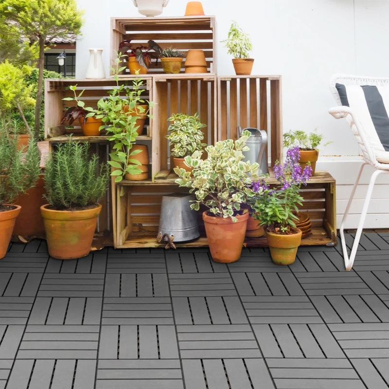 Outsunny Set 9 Mattonelle a Incastro per Terrazzo, Piastrelle per Pavimenti, Piastrelle per Esterno in PP Antiscivolo, Area: 0.81 mq, 30x30x2cm, Grigio Scuro