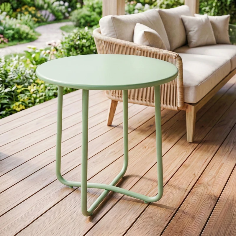 Outsunny Table Basse Extérieure avec Bord Enroulé, Base en X avec Pieds Réglables en Hauteur, pour Salon Terrasse, Ø48x51cm, Vert
