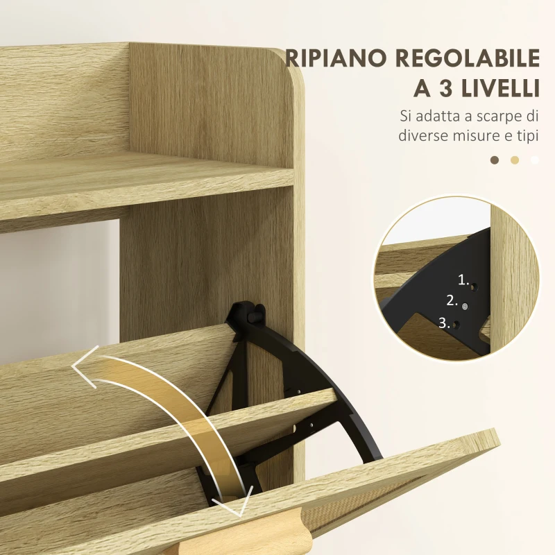 HOMCOM Mobile Portascarpe Stretto per Ingresso, con 2 Cassetti Ribaltabili, Ripiani Regolabili e Piano Superiore, Rovere