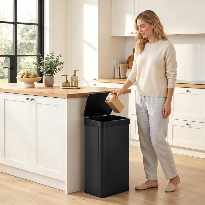 HOMCOM 50L Sensor Bin with Soft-Close Lid, Stainless Steel Automatic Touchless Motion Sensor Kitchen Bin, Black