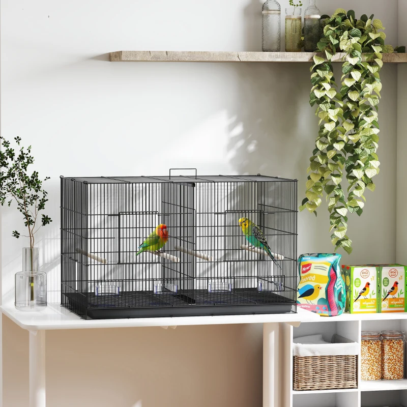 PawHut Gaiola para Pássaros com Divisória com Comedouros Poleiros e Bandeja Removível 94x57x57 cm  Preto