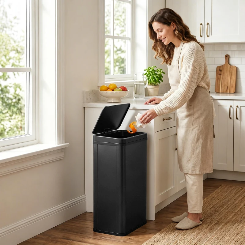 HOMCOM 50L Sensor Bin with Soft-Close Lid, Stainless Steel Automatic Touchless Motion Sensor Kitchen Bin, Black