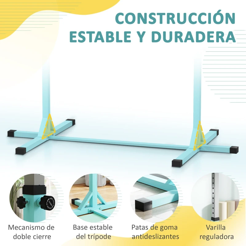 HOMCOM Barra Fija de Gimnasia para Niños Altura Regulable 13 Niveles de 92-150 cm en Acero y Madera de Haya Cian