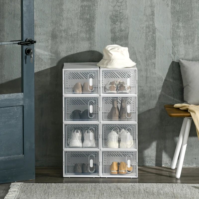 HOMCOM Scarpiera Modulare in PP con 8 Cubi Contenitori e Porta Magnetica, 25x35x19 cm, Bianco e Trasparente