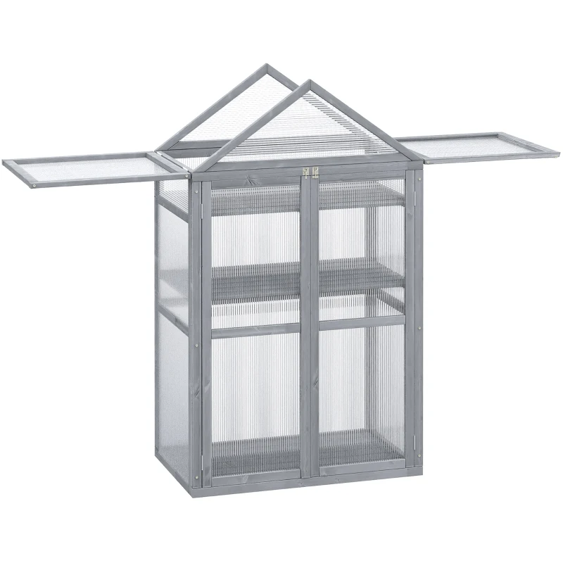 Outsunny 80 x 47 x 138cm Garden Cold Frame with Adjustable Shelves, Polycarbonate Greenhouse with Double Doors, Openable Top Covers, Grow House for Flower Vegetable Plants, Grey