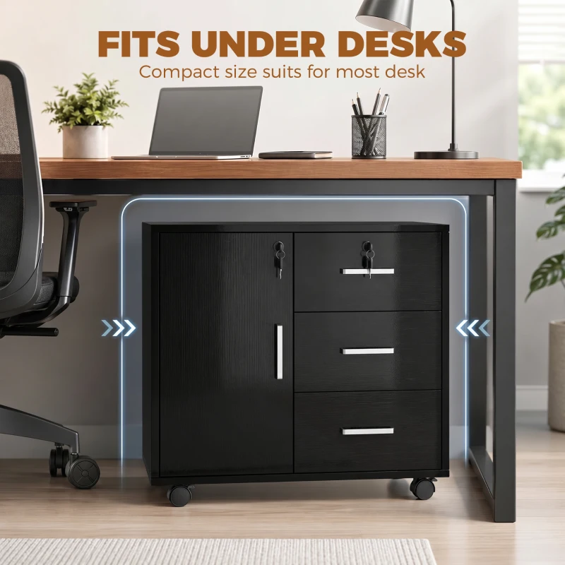 HOMCOM Caisson bureau meuble de rangement verrouillable avec 3 tiroirs et étagère réglable, roulettes, 40 x 60 x 56 cm, noir
